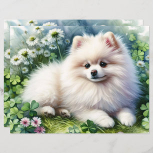 White Pomeranian Watercolor Clover Scrapbook Paper