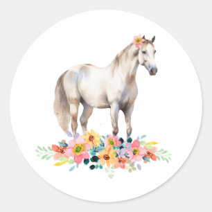 White Pony Floral Watercolor Horse Classic Round Sticker