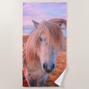 White Pony Horse at Sunset Beach Towel