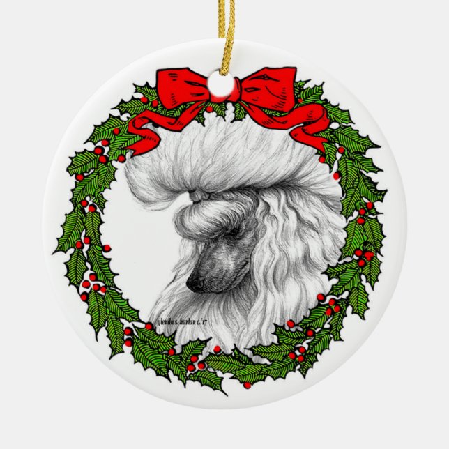 White Poodle Art by Glenda S. Harlan Ceramic Tree Decoration (Front)