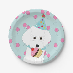 White Poodle Birthday Dog Pink Balloons Paper Plate