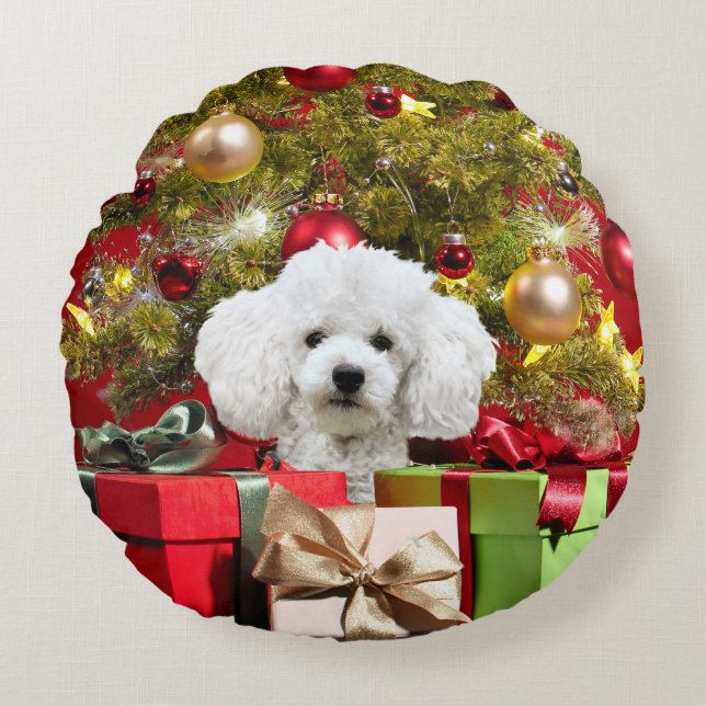 White Poodle Christmas Round Cushion (Front)
