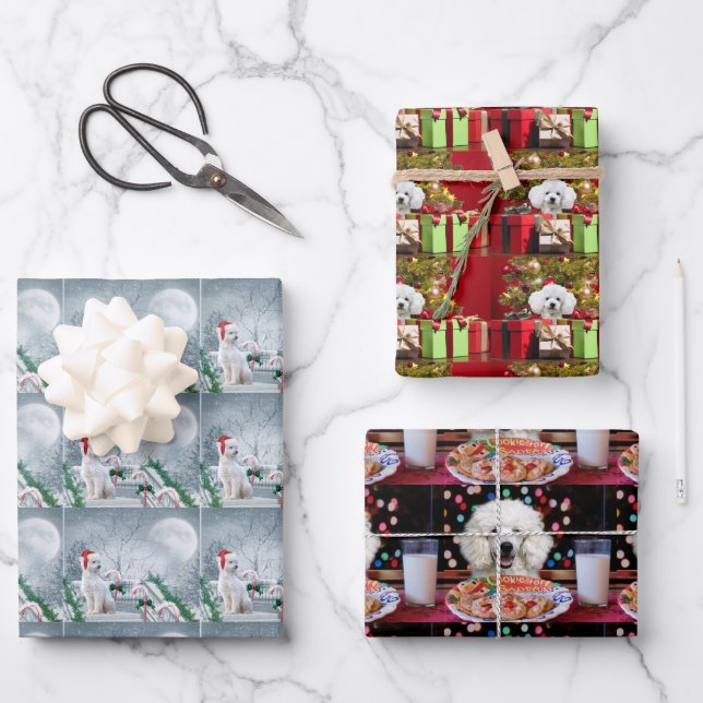 White Poodle Christmas Wrapping Paper Sheet (Front)