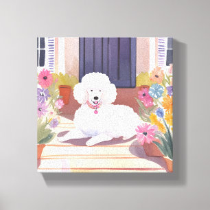 White Poodle Dog Pet Watercolor Flowers Canvas Print