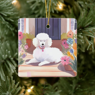 White Poodle Dog Pet Watercolor Flowers Ceramic Ornament
