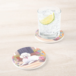 White Poodle   Dog Pet Watercolor Flowers Coaster