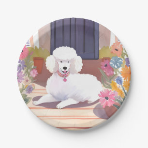 White Poodle Dog Pet Watercolor Flowers Paper Plate