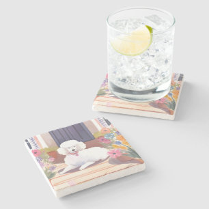 White Poodle   Dog Pet Watercolor Flowers Stone Coaster