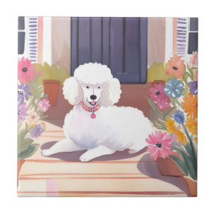 White Poodle Dog Pet Watercolor Flowers Tile