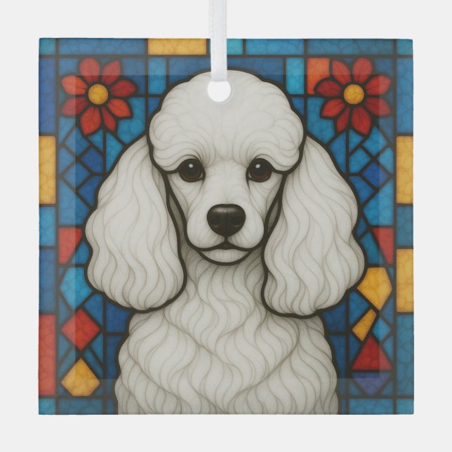 White Poodle Dog "Stained Glass"  Glass Tree Decoration (Front)