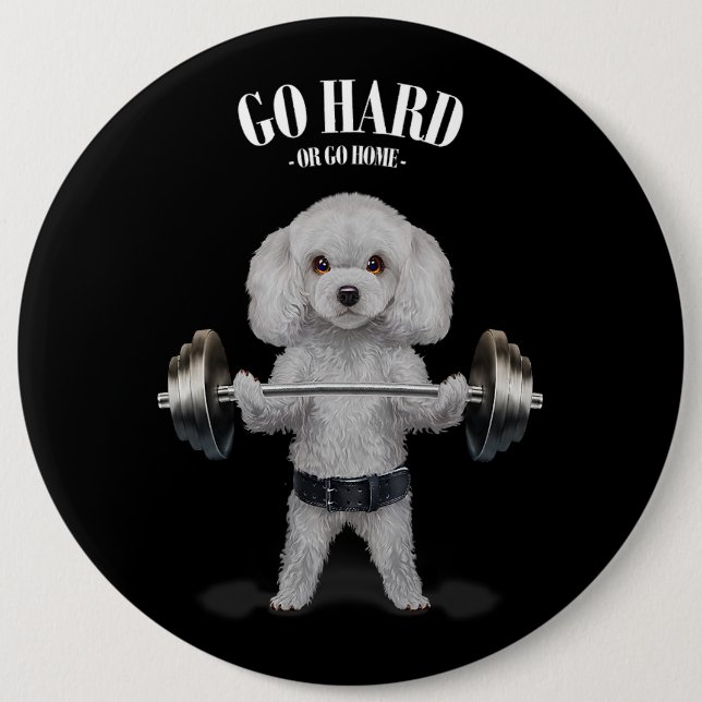 White Poodle Dog Weightlifting in Fitness Gym 6 Cm Round Badge (Front)