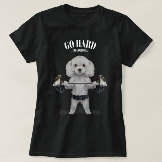 White Poodle Dog Weightlifting in Fitness Gym T-Shirt (Design Front)