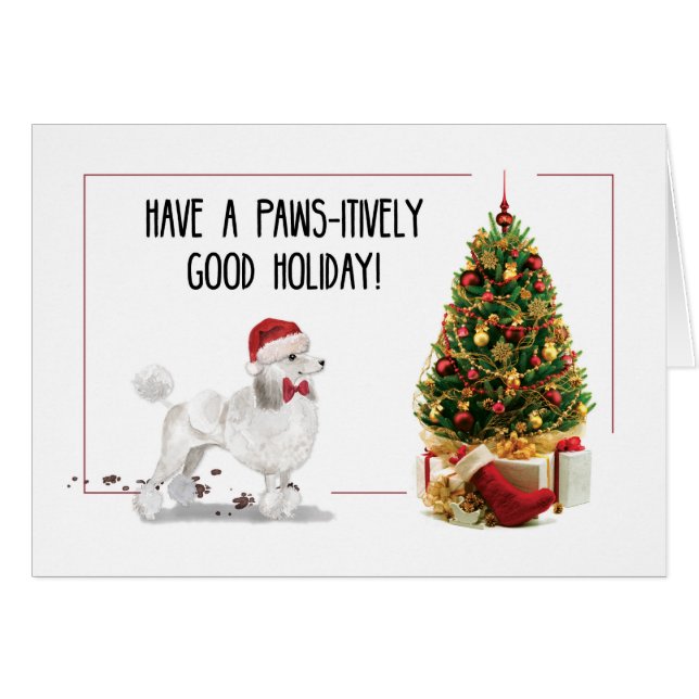 White Poodle Funny Christmas Dog with Tree (Front Horizontal)