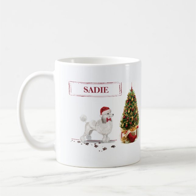 White Poodle Funny Christmas Dog with Tree Coffee Mug (Left)