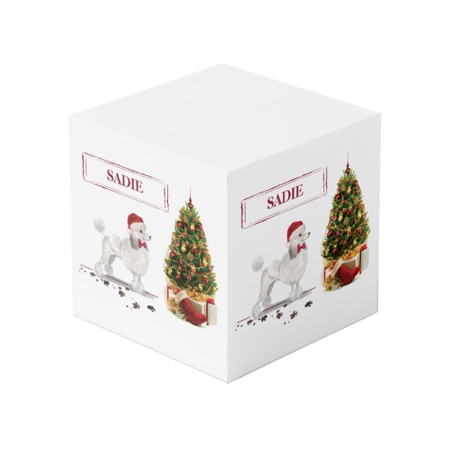 White Poodle Funny Christmas Dog with Tree Cube (Back Angled)