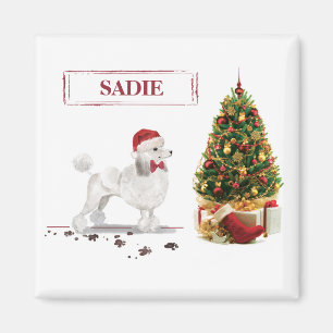 White Poodle Funny Christmas Dog with Tree Magnet