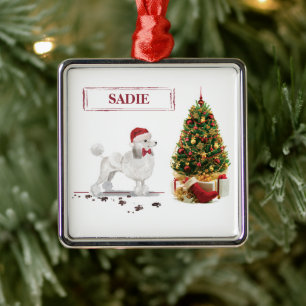 White Poodle Funny Christmas Dog with Tree Metal Tree Decoration