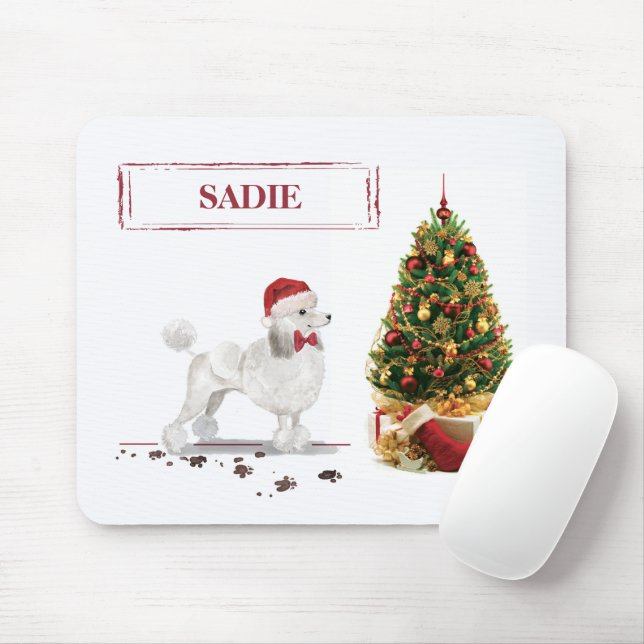 White Poodle Funny Christmas Dog with Tree Mouse Mat (With Mouse)