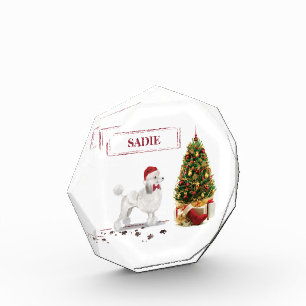 White Poodle Funny Christmas Dog with Tree Photo Block