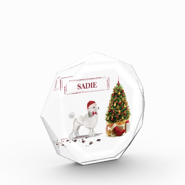 White Poodle Funny Christmas Dog with Tree Photo Block (Left)