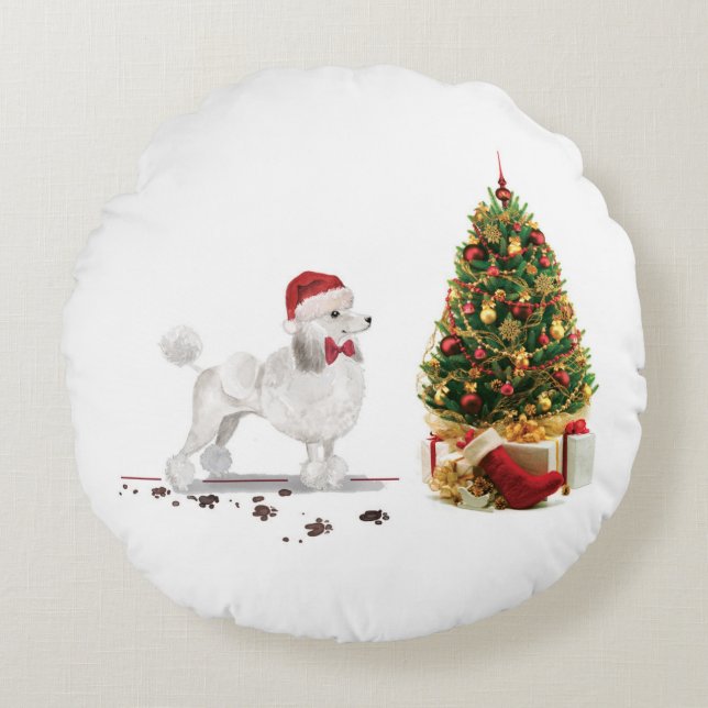White Poodle Funny Christmas Dog with Tree Round Cushion (Front)