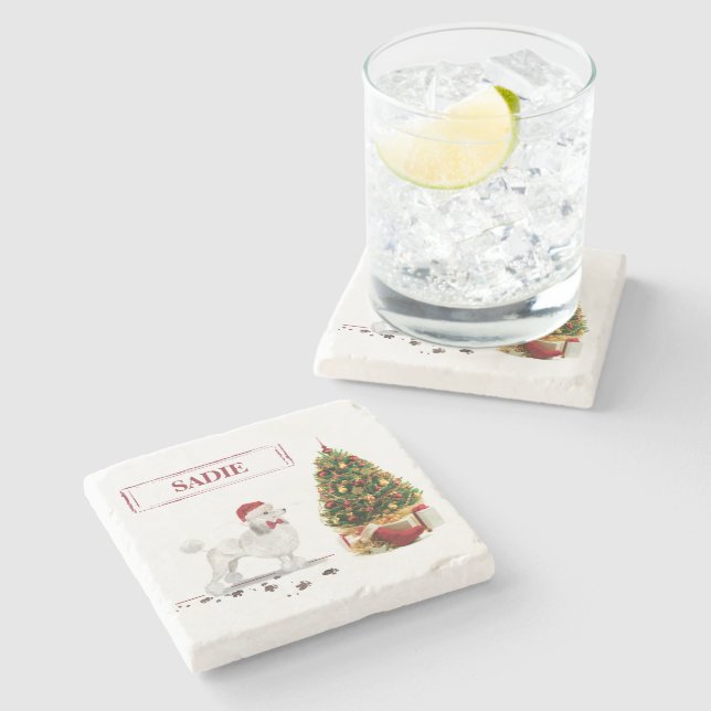 White Poodle Funny Christmas Dog with Tree Stone Coaster (Side)