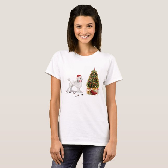White Poodle Funny Christmas Dog with Tree T-Shirt (Front Full)