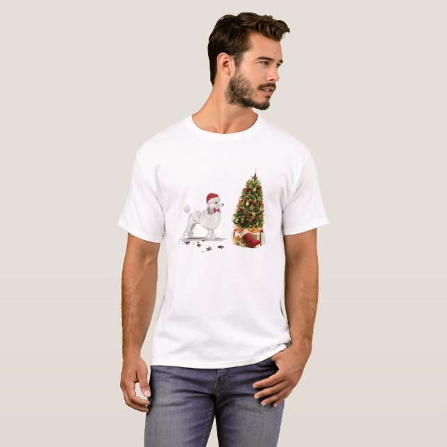 White Poodle Funny Christmas Dog with Tree T-Shirt (Front Full)