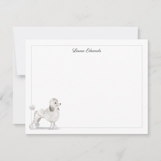 White Poodle Grey Border Personalised Stationery Card (Front)