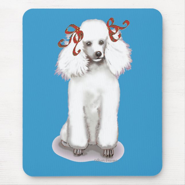 White Poodle in Red Bows Portrait Mousepad (Front)