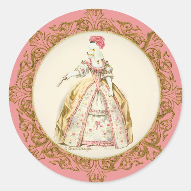 White Poodle Marie Antoinette Ornate Art Classic Round Sticker (Front)