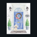 White Poodle Moving Announcement Postcard<br><div class="desc">Announce your new address with our stylish announcement featuring a white poodle,  blue front door,  welcome mat,  slate sign,  topiaries and a floral wreath set on a grey brick background.</div>