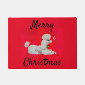 White Poodle on Red Carpet Christmas Doormat