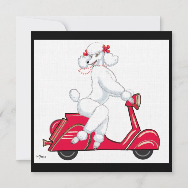 White Poodle on Scooter Invitation (Front)