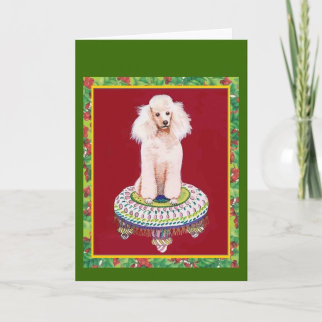 White Poodle on Stool Christmas Greetings Holiday Card (Front)