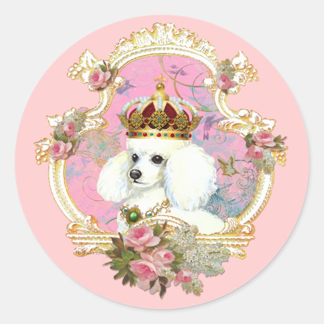 White Poodle Princess n Pink Roses Classic Round Sticker (Front)