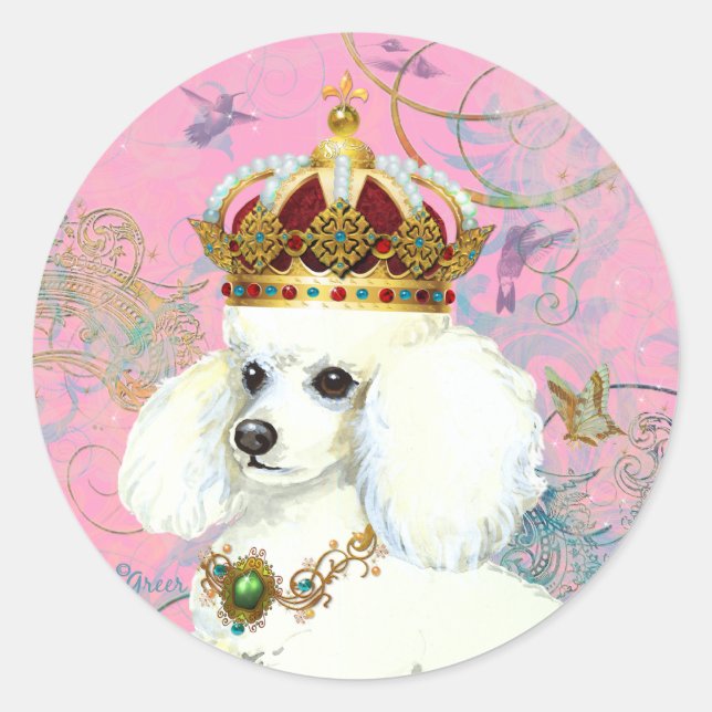 White Poodle Princess with Hummingbirds Classic Round Sticker (Front)