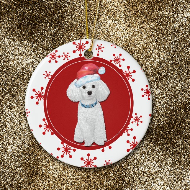 White Poodle Red Snowflake Border Ceramic Tree Decoration (Creator Uploaded)