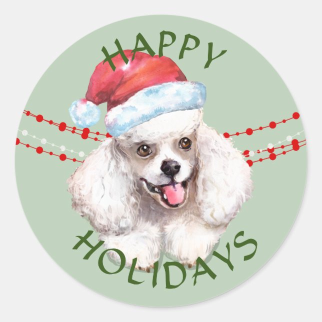 White Poodle Santa Hat Happy Holidays Classic Round Sticker (Front)