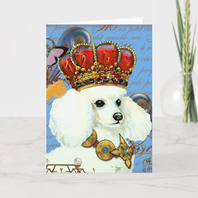 White Poodle Wearing Jewelled Crown Portrait Card (Front)