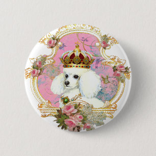 white poodle wi pink roses gold fr fini clr bkgrnd 6 cm round badge