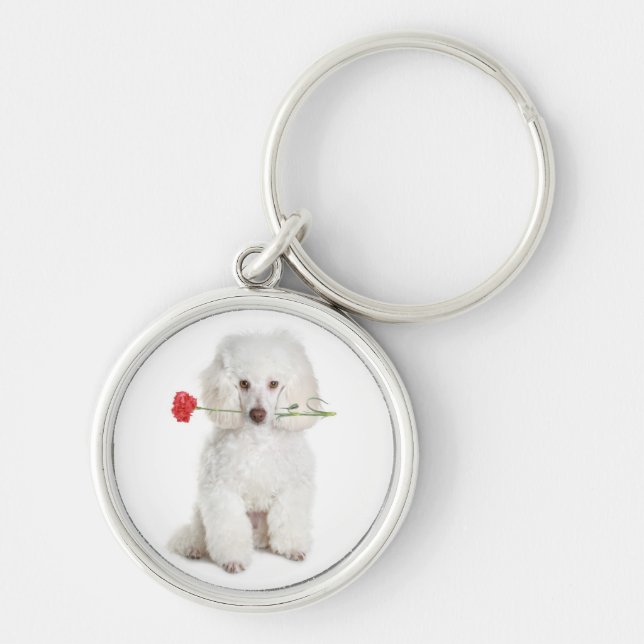 White Poodle with Carnation Key Premium Chain Ring (Front)