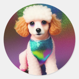 White Poodle with Cream Ears on Rainbow Sparkle  Classic Round Sticker