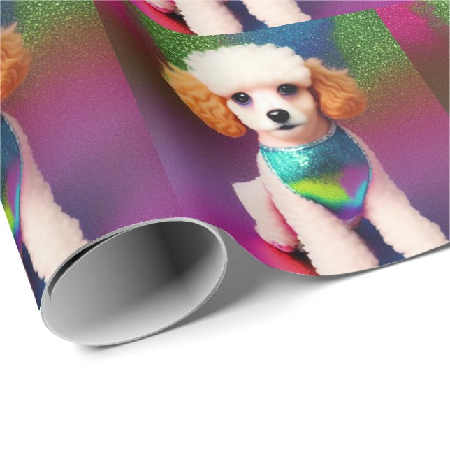 White Poodle with Cream Ears on Rainbow Sparkle   Wrapping Paper (Roll Corner)