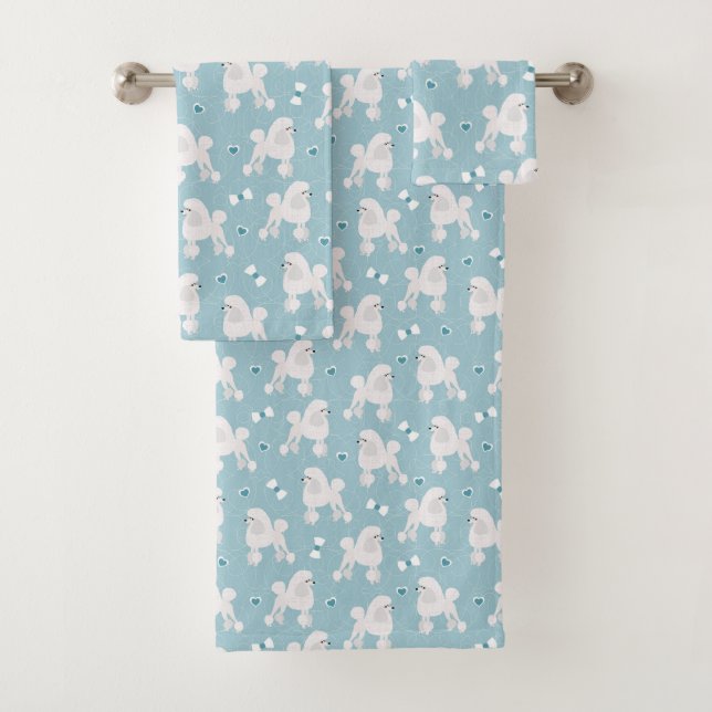 White Poodles and Bows Pattern Bath Towel Set (Insitu)