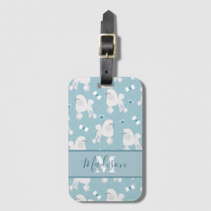 White Poodles and Bows Pattern Blue Name Monogram Luggage Tag