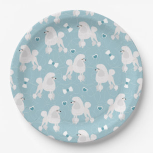White Poodles and Bows Pattern Blue Paper Plate