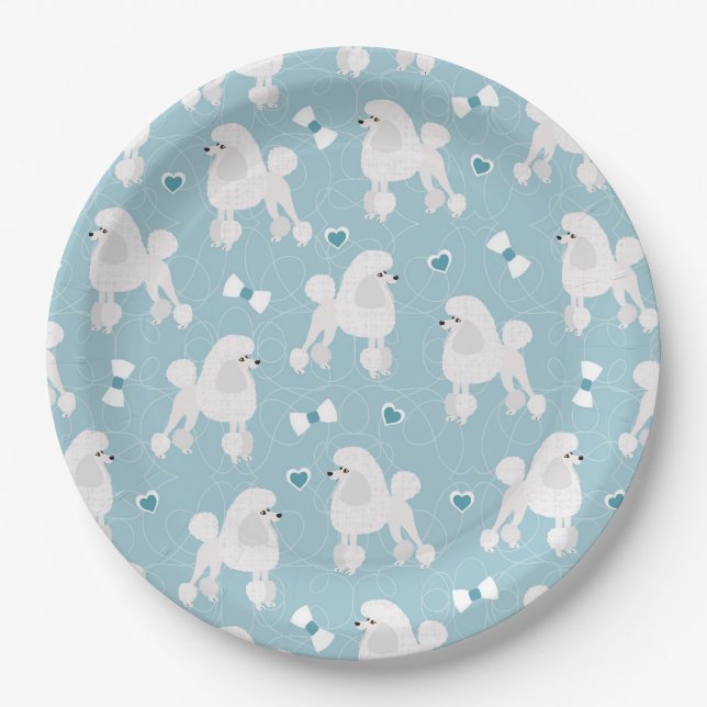 White Poodles and Bows Pattern Blue Paper Plate (Front)