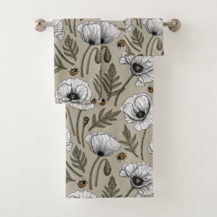 White poppies and ladybugs bath towel set