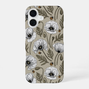 White poppies and ladybugs iPhone 16 case